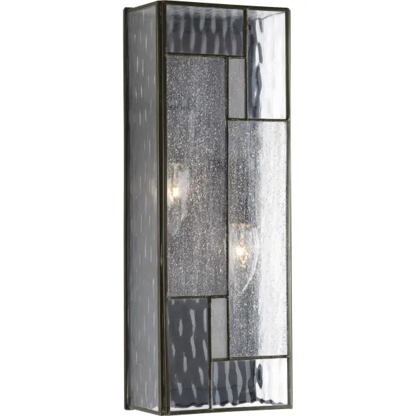 This two-light wall lantern blends modern geometric design with craftsman sensibility, featuring clean lines and architectural bronze finish. JA8 compliant for California energy standards, perfect for porches and patios.
