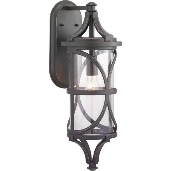 The Morrison Collection large wall lantern blends delicate geometric patterns with lasting durability in a modern form. Intricate die cast aluminum construction is paired with clear glass and an Antique Bronze finish. Collection: Morrison Rooms: Outdoor Finish: Antique Bronze Glass: Clear Width: 9.00" Height: 25.50" Length: 9.00" Weight: 8.80 lb Extension from Wall: 11.13" Wire: 6" Canopy: 1.125"x13.625"x6" Number of Bulbs: 1 Maximum Wattage: 100.00 W Bulb Type: A19 Bulb Base: E26 Light Source: Incandescent Voltage: 120.00 V Material: Die-Cast Aluminum Country of Origin: CN Safety Listing: cCSAus Safety Rating: Wet Title 20 Manufacturer Warranty: 1-year Limited Warranty Spec Sheet Parts Diagram