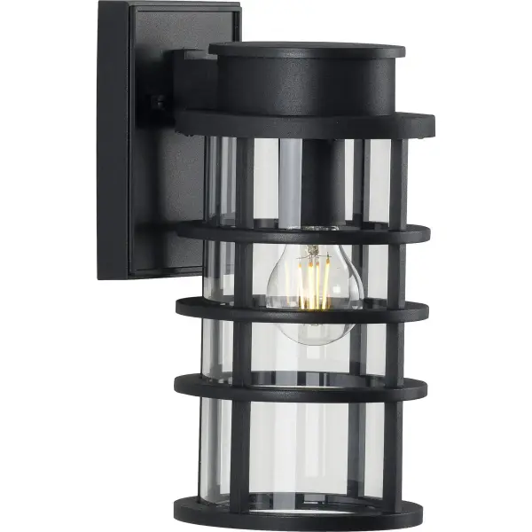 The Port Royal wall lantern combines farmhouse charm with coastal durability through its DURASHIELD coating. Perfect for porches and patios, this compact fixture offers weather-resistant performance in a classic black finish.