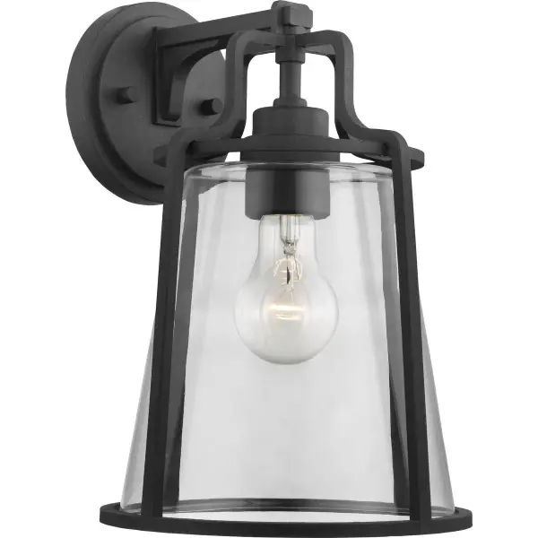 The Benton Harbor wall lantern combines industrial charm with coastal durability. Featuring DURASHIELD weather-resistant technology and JA8 compliance, this large-scale fixture delivers reliable outdoor illumination with modern style.