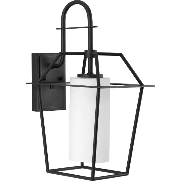 The Chilton wall lantern combines timeless design with contemporary energy standards. Its etched opal glass diffuses light beautifully while the black finish adds versatile curb appeal to any exterior.