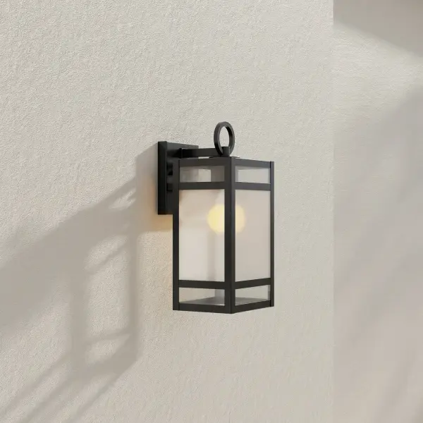 The Parrish wall lantern combines transitional design with practical outdoor lighting. Its clear etched glass and matte black finish create a sophisticated look while meeting California Title 24 and JA8 compliance standards. - alternate view