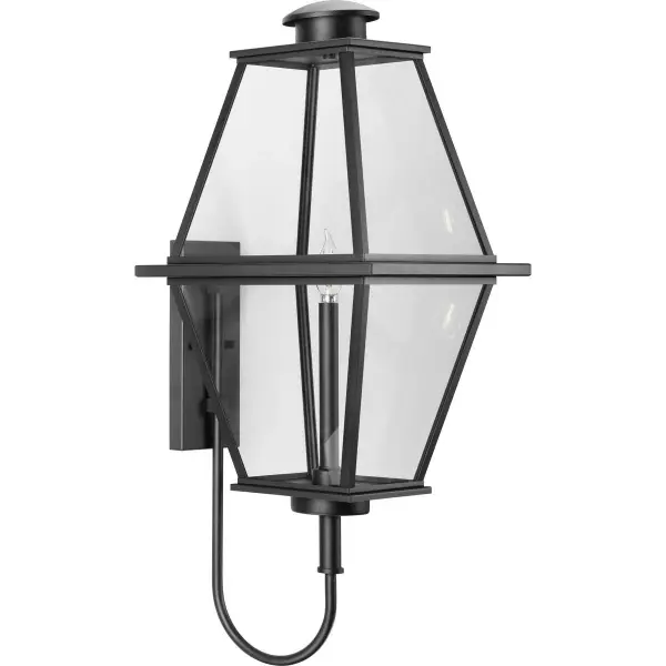 The Bradshaw Collection combines classic lantern styling with modern clear glass panels, creating a sophisticated outdoor lighting solution. Its large scale and black finish make a bold architectural statement. - alternate view