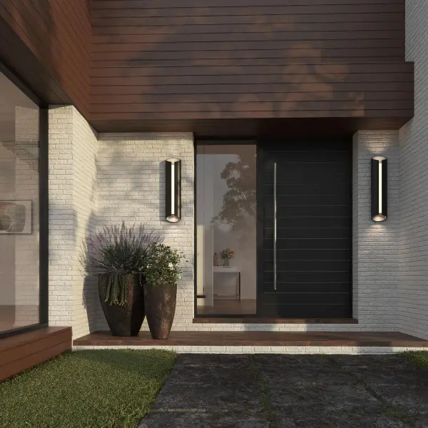 The Z-2030 LED Large Outdoor Wall Light combines contemporary design with California Title 24 and JA8 compliant LED technology. Its substantial size and black finish make it ideal for modern residential exteriors. - alternate view