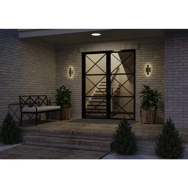 The Z-2040 Collection delivers contemporary outdoor lighting with energy-efficient LED technology in a compact design. Perfect for residential porches and patios, this matte black fixture combines modern aesthetics with practical illumination. - alternate view