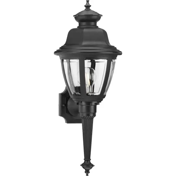 A traditional one-light outdoor wall lantern featuring a textured black finish that resists weathering. JA8 compliant for California energy standards, ideal for residential porches, patios, and entryways.