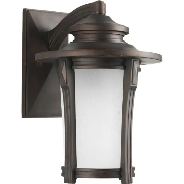 This One-Light Autumn Haze Wall Lantern from the Pedigree Collection features Autumn Haze frame. The frame is constructed from die-cast aluminum housing. The lantern holds a beautiful etched seeded glass shade for an extra dash of visual character. Collection: Pedigree Rooms: Outdoor Finish: Autumn Haze Glass: Etched Seeded Width: 11.50" Height: 16.50" Weight: 3.43 lb Extension from Wall: 13.50" Wire: 6" Canopy: 1.375"x10.5"x5.5" Number of Bulbs: 1 Maximum Wattage: 100.00 W Bulb Type: A19 Bulb Base: E26 Light Source: Incandescent Voltage: 120.00 V Material: Cast Aluminum Country of Origin: CN Safety Listing: cCSAus Safety Rating: Wet Title 20 Manufacturer Warranty: 1-year Limited Warranty Spec Sheet Parts Diagram