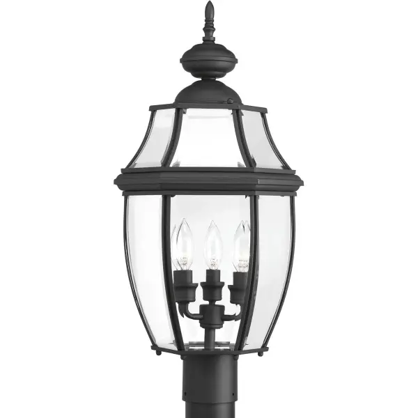 The New Haven post lantern brings traditional elegance to outdoor spaces with its textured black finish and three-light configuration. Perfect for illuminating pathways, driveways, and entryways with classic style.