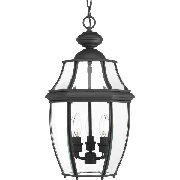 The New Haven three-light hanging lantern combines traditional lantern styling with contemporary finishes. Its textured black finish and clear glass panels create welcoming illumination for outdoor spaces while meeting JA8 energy standards.