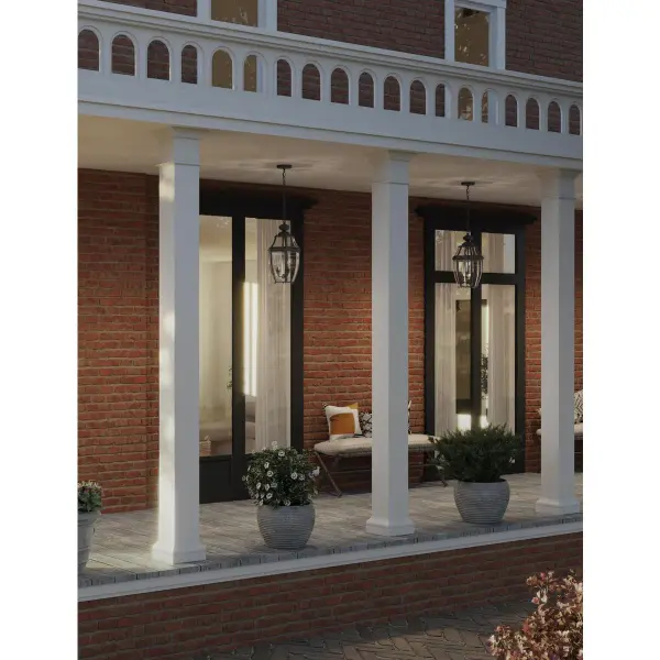 The New Haven three-light hanging lantern combines traditional lantern styling with contemporary finishes. Its textured black finish and clear glass panels create welcoming illumination for outdoor spaces while meeting JA8 energy standards. - alternate view
