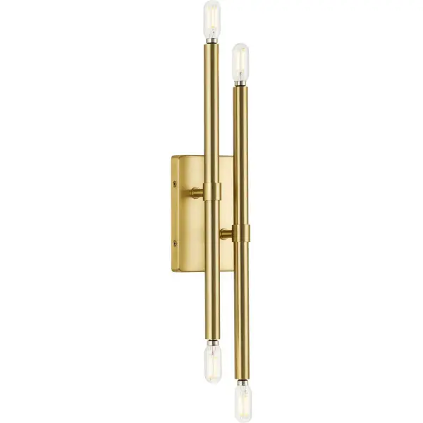 The Arya Four-Light Wall Bracket brings mid-century elegance to any space with its brushed gold finish and clean-lined design. Title 24 and JA8 compliant, this versatile fixture works beautifully in bathrooms, dining rooms, and hallways. - alternate view
