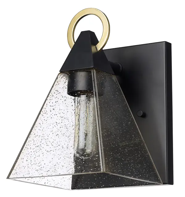 The Dewitt wall sconce combines transitional styling with practical outdoor durability. Its matte black steel frame and champagne seedy glass create inviting ambiance for entryways and porches.