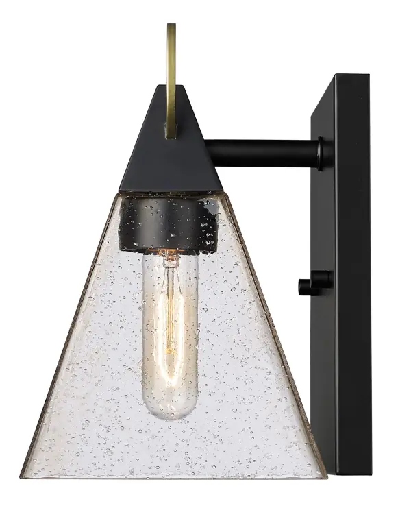 The Dewitt wall sconce combines transitional styling with practical outdoor durability. Its matte black steel frame and champagne seedy glass create inviting ambiance for entryways and porches. - alternate view