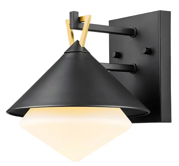 The Edmore wall sconce combines durable steel construction with elegant opal etched glass, creating a versatile outdoor lighting solution. Its compact 9-inch extension and matte black finish make it ideal for various exterior applications. - alternate view