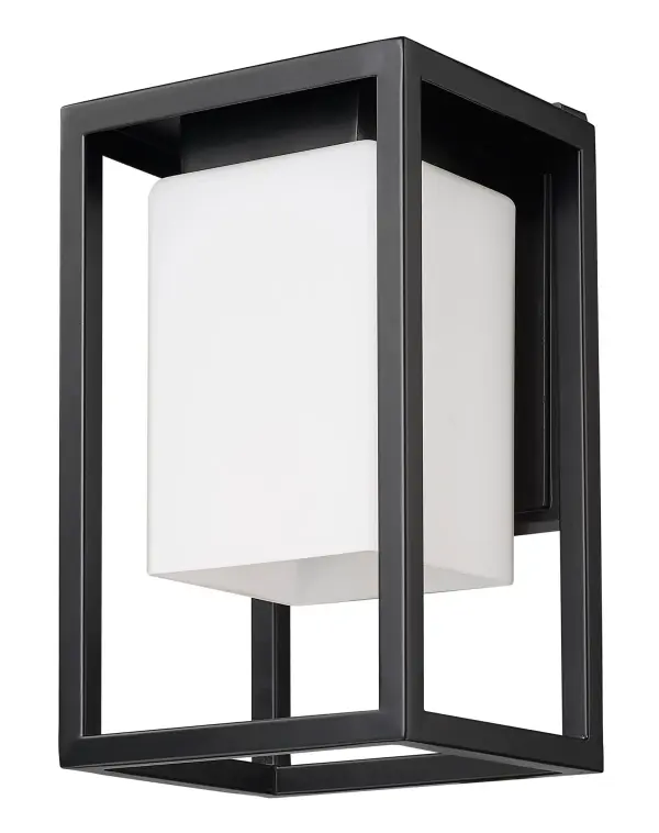The Gladwin wall sconce combines a sleek matte black steel frame with an opal etched glass shade, delivering soft, diffused outdoor lighting. Its compact 6.25" extension makes it ideal for smaller entryways and porches.
