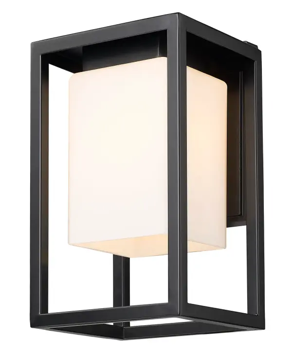 The Gladwin wall sconce combines a sleek matte black steel frame with an opal etched glass shade, delivering soft, diffused outdoor lighting. Its compact 6.25" extension makes it ideal for smaller entryways and porches. - alternate view