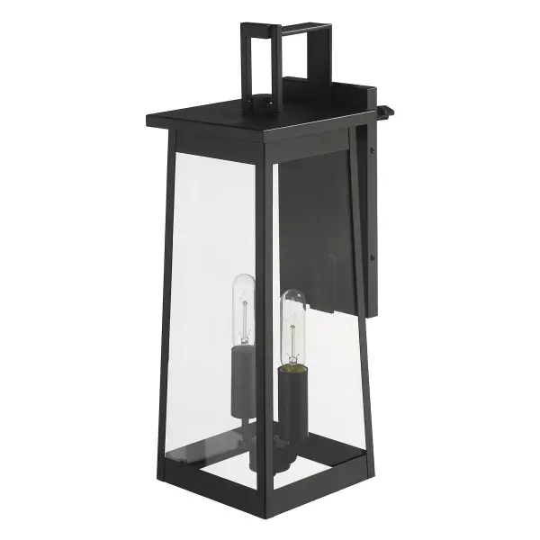 The Alden 2-Light Wall Sconce combines clean lines with industrial styling in a durable matte black finish. Clear glass shades showcase vintage-style bulbs while the steel construction ensures weather resistance for outdoor applications.