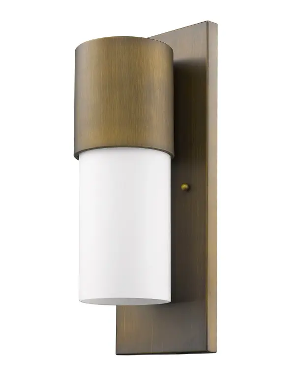 The Cooper wall sconce combines raw brass and rubbed bronze finishes with white opal glass for a versatile industrial look. At 16" tall, it provides ample illumination for entryways and outdoor spaces.