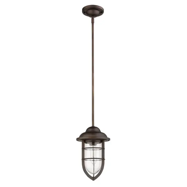 The Dylan convertible mini-pendant combines industrial-inspired seeded glass with oil-rubbed bronze finish for timeless outdoor appeal. Its compact 7.5-inch width and convertible design make it ideal for porches, patios, and covered entryways.