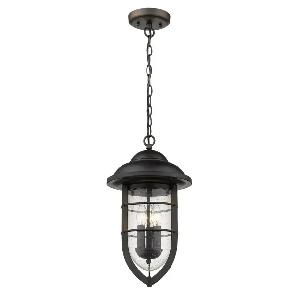 The Dylan 3-Light Hanging Lantern combines traditional lantern styling with oil-rubbed bronze finish and clear seeded glass for timeless outdoor appeal. Perfect for covered porches and entryways. - alternate view