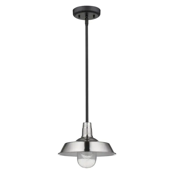 The Burry convertible pendant offers flexible installation as either a hanging or flush mount fixture. Its clear seeded glass globe and satin nickel finish create timeless appeal for covered outdoor spaces.