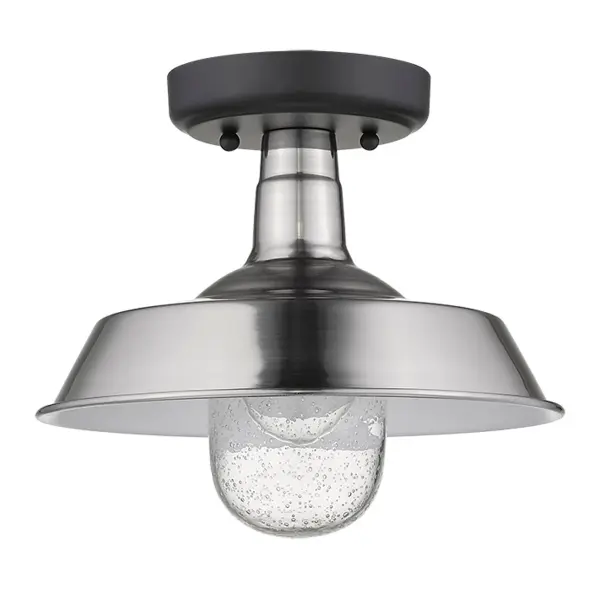 The Burry convertible pendant offers flexible installation as either a hanging or flush mount fixture. Its clear seeded glass globe and satin nickel finish create timeless appeal for covered outdoor spaces. - alternate view
