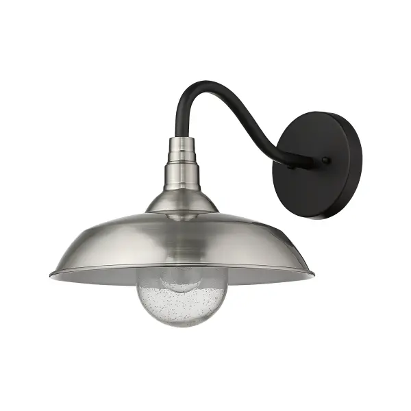 The Burry wall sconce combines transitional styling with durable steel construction and clear seeded glass. Its 18-inch extension provides excellent illumination coverage for outdoor spaces while the satin nickel finish resists weather.