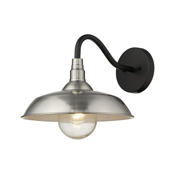 The Burry wall sconce combines transitional styling with durable steel construction and clear seeded glass. Its 18-inch extension provides excellent illumination coverage for outdoor spaces while the satin nickel finish resists weather. - alternate view