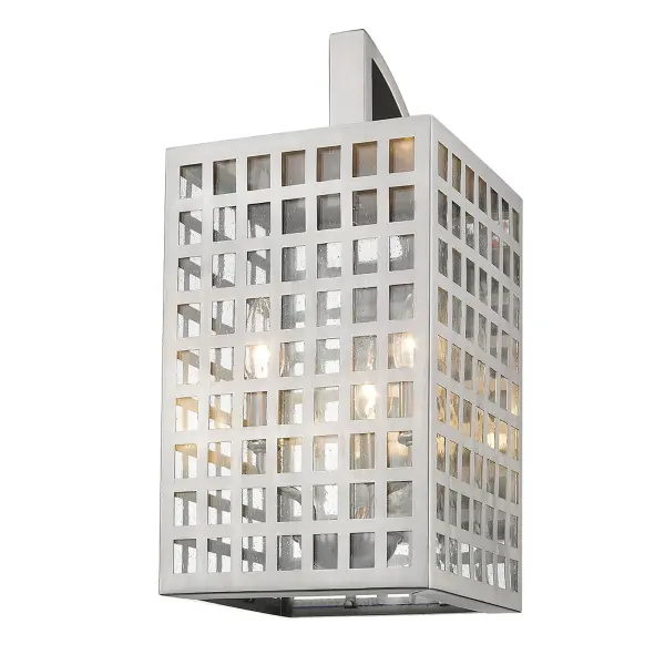 The Letzel 3-Light Wall Sconce combines durable stainless steel construction with charming clear seeded glass panes. Its transitional design and satin nickel finish make it versatile for various outdoor settings. - alternate view