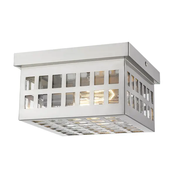 The Letzel 2-Light Flush Mount combines stainless steel construction with seeded glass for a weather-resistant fixture perfect for covered outdoor spaces. Its compact 8.75-inch profile fits tight spaces while delivering ample light. - alternate view