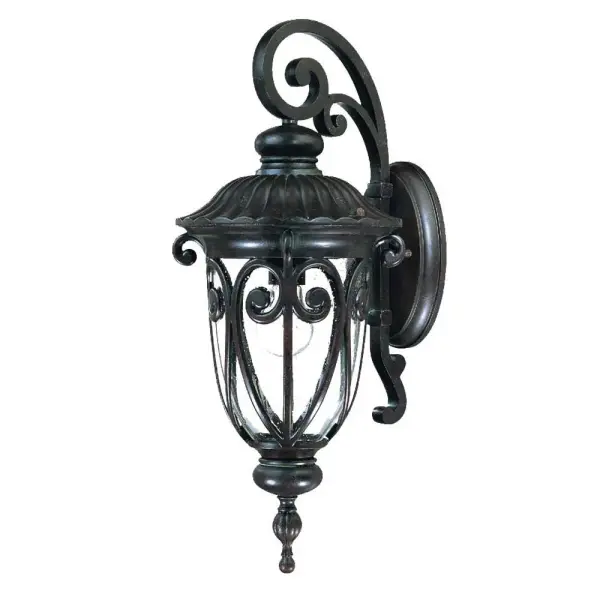 The Naples wall sconce combines durable cast aluminum construction with hand-blown seeded glass for timeless outdoor elegance. Its marbleized mahogany finish and traditional design make it ideal for coastal and Mediterranean-inspired homes.