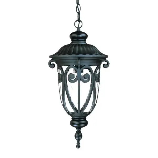 The Naples hanging lantern combines traditional design with durable cast aluminum construction. Its matte black finish and hand-blown seeded glass create timeless curb appeal for covered outdoor spaces.