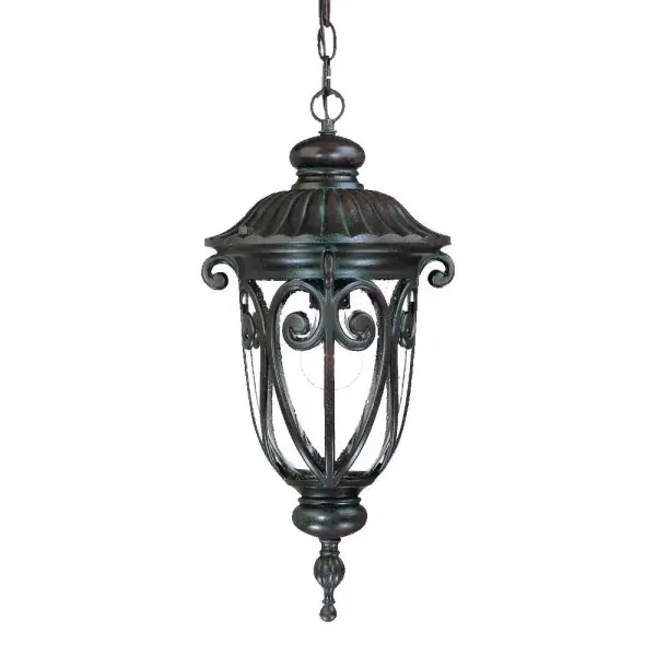 The Naples hanging lantern combines traditional styling with durable cast aluminum construction. Its marbleized mahogany finish and hand-blown seeded glass create inviting outdoor ambiance while standing up to the elements.