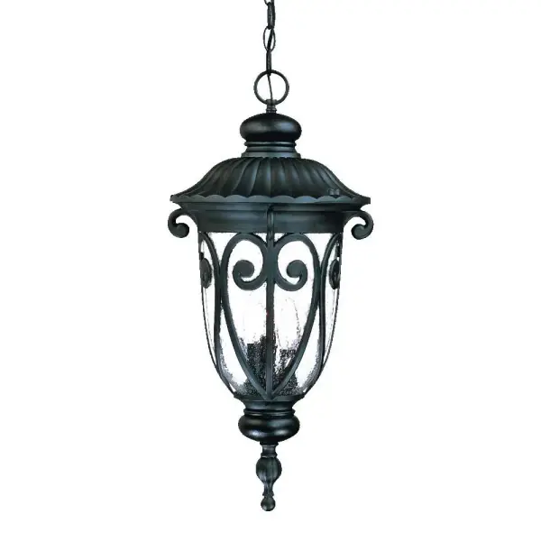 The Naples 3-Light Hanging Lantern combines traditional lantern styling with durable cast aluminum construction and hand-blown seeded glass. Perfect for covered outdoor spaces, this fixture delivers ambient lighting with classic elegance.