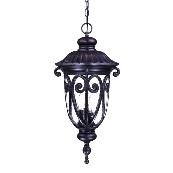 The Naples 3-Light Hanging Lantern combines traditional design with durable cast aluminum construction. Hand-blown clear seeded glass creates beautiful light patterns while the marbleized mahogany finish adds warmth and character to outdoor spaces.