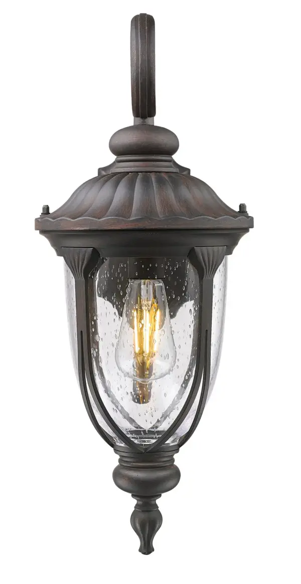 The Laurens wall sconce combines traditional styling with weather-resistant cast aluminum construction. Clear seeded glass creates ambient lighting while the Black Coral finish adds coastal charm to any outdoor space. - alternate view