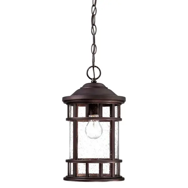 The Vista II hanging lantern combines traditional styling with modern durability. Its MarbleX composite construction resists weather while the rain seeded glass creates beautiful light diffusion for outdoor spaces.