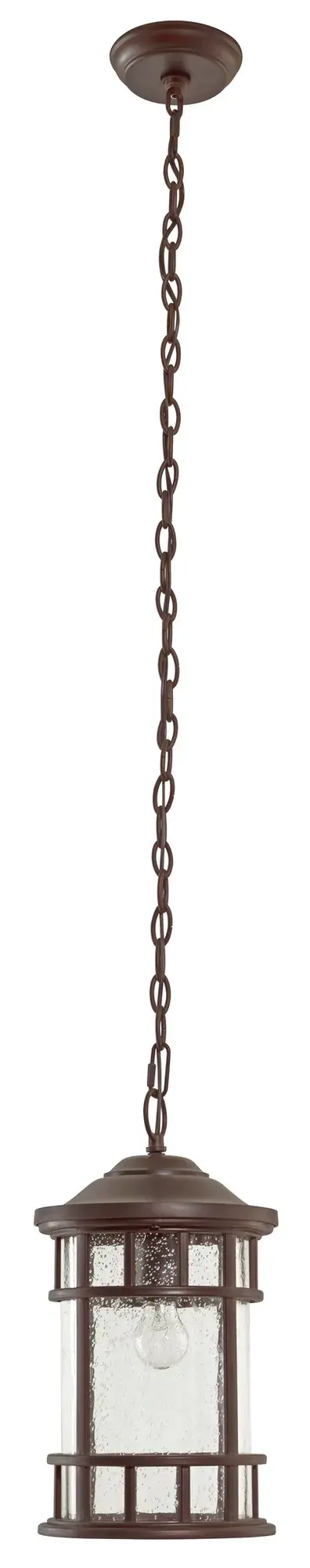 The Vista II hanging lantern combines traditional styling with modern durability. Its MarbleX composite construction resists weather while the rain seeded glass creates beautiful light diffusion for outdoor spaces. - alternate view