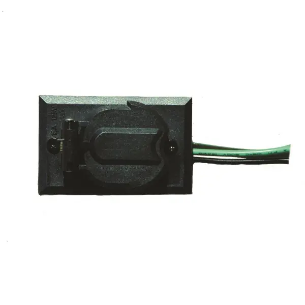 Practical electrical outlet accessory designed for outdoor post lighting systems. Matte black finish integrates seamlessly with post fixtures while providing convenient power access for seasonal decorations or outdoor equipment.