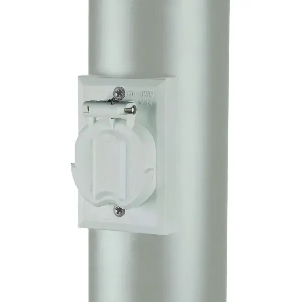 A compact electrical outlet accessory designed for outdoor post lighting installations. Features weather-resistant plastic construction with a clean gloss white finish that integrates seamlessly with post systems.