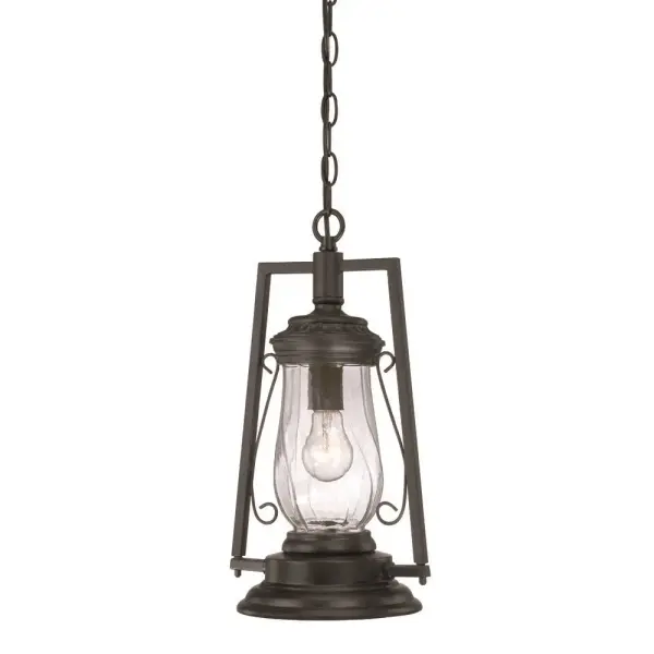 The Kero hanging lantern combines durable cast aluminum construction with eye-catching diagonal swirl glass. Its matte black finish and traditional lantern silhouette make it versatile for various outdoor settings.