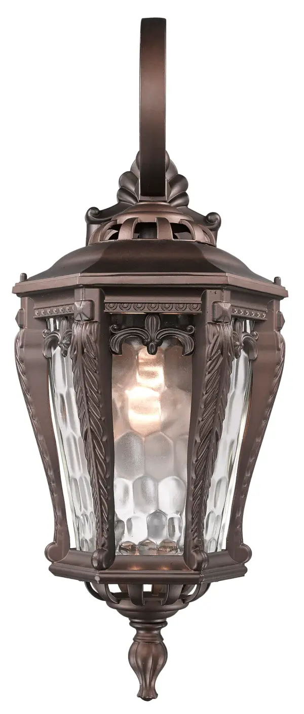 The Stratford wall sconce combines traditional styling with weather-resistant cast aluminum and distinctive hammered water glass. At 23 inches tall, it provides substantial presence for outdoor entryways and patios. - alternate view