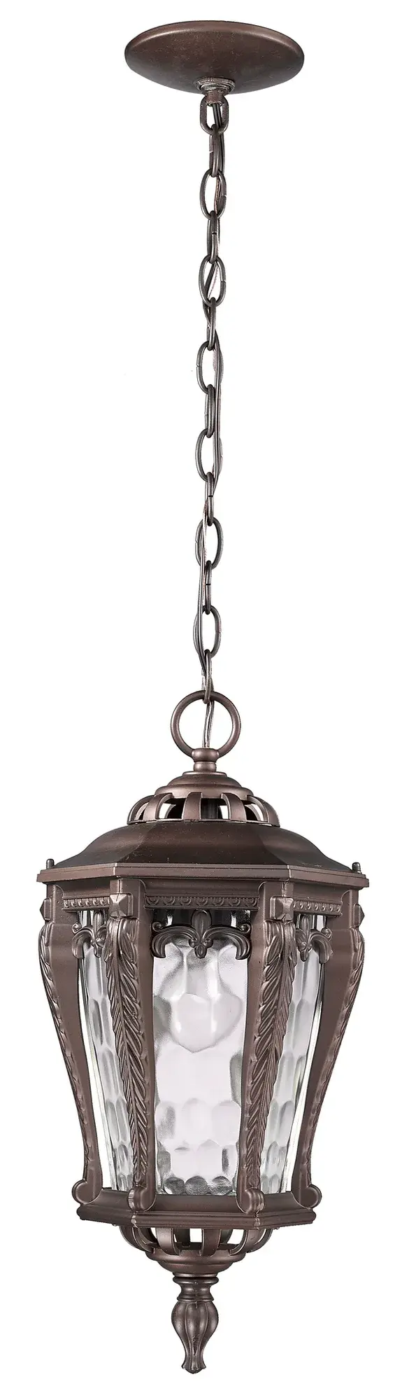 The Stratford hanging lantern combines traditional design with weather-resistant cast aluminum and distinctive hammered water glass. Its compact 9.5" width makes it ideal for covered porches and entryways. - alternate view