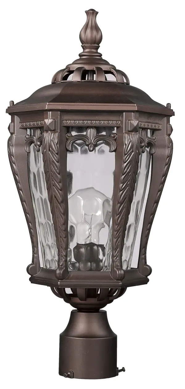 The Stratford post mount combines traditional design with weather-resistant cast aluminum and distinctive hammered water glass. At 20 inches tall, it provides substantial illumination for pathways and entryways.
