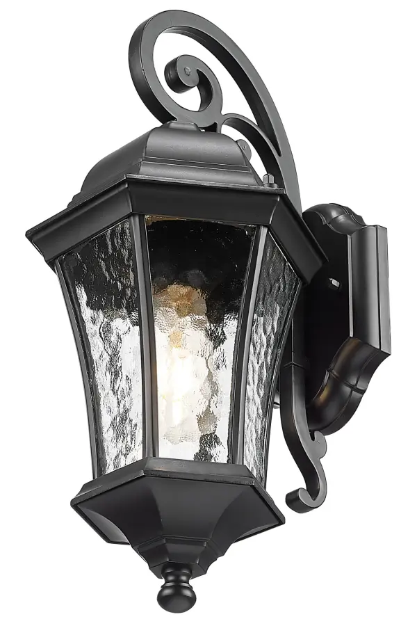 The Waverly wall sconce combines cast aluminum durability with distinctive hammered water glass for a coastal aesthetic. Its matte black finish and transitional design work equally well in traditional and contemporary outdoor settings. - alternate view