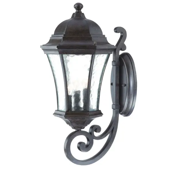 The Waverly 3-Light Wall Sconce combines traditional design with coastal-inspired hammered water glass. Its cast aluminum construction ensures weather resistance, while the Black Coral finish adds sophisticated contrast.