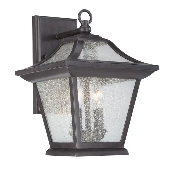The Aiken 2-Light Wall Sconce combines traditional candelabra styling with innovative MarbleX material for weather-resistant outdoor lighting. Clear seeded glass adds vintage charm while the Black Coral finish provides timeless appeal.