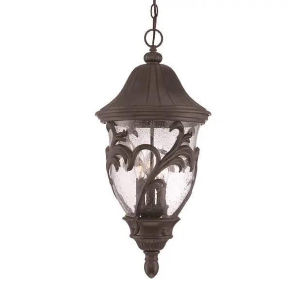 The Capri 3-Light Hanging Lantern combines traditional lantern styling with innovative MarbleX material for superior weather resistance. Clear seeded glass creates warm ambient lighting perfect for outdoor entertaining spaces.