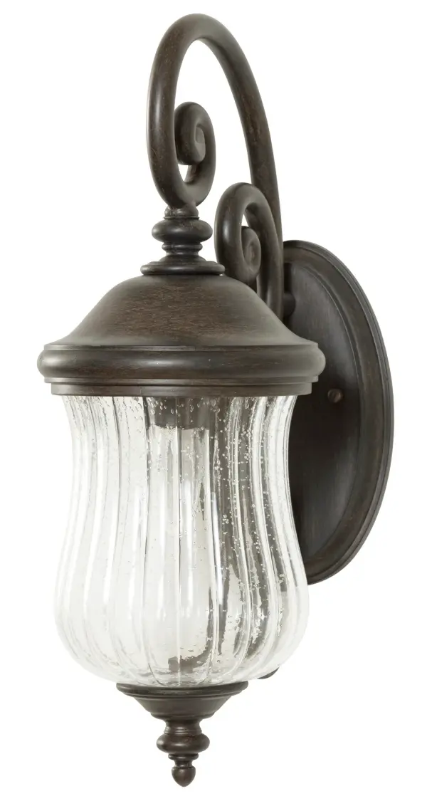 The Bellagio wall lantern combines traditional styling with modern durability through its MarbleX composite material. Clear seeded glass creates ambient lighting while the Black Coral finish resists outdoor elements.
