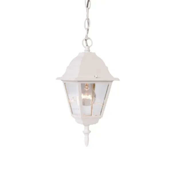 The Builder's Choice hanging lantern combines traditional design with durable cast aluminum construction. Its textured white finish and clear beveled glass create a clean, versatile look perfect for various outdoor settings.
